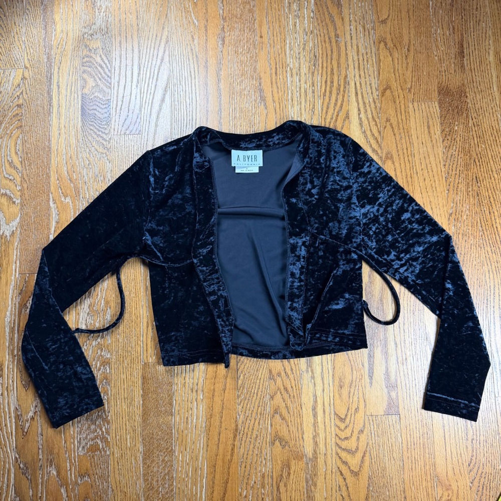 Whimsygoth Witchy Black Crushed Velvet Cropped Bolero Shrug Jacket Womens M